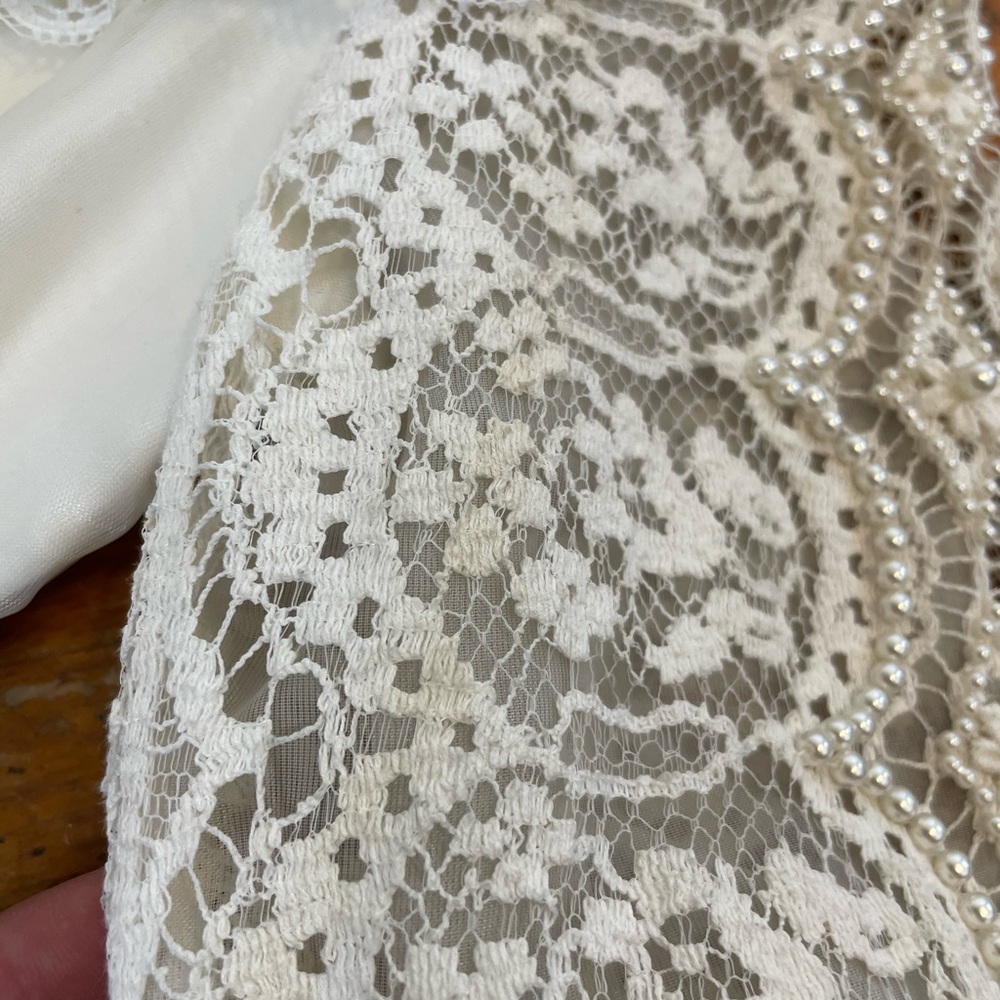 VINTAGE 1970s Wedding Dress: Full Train, Lace Trim, Pearl Embellished - Picture 11 of 17